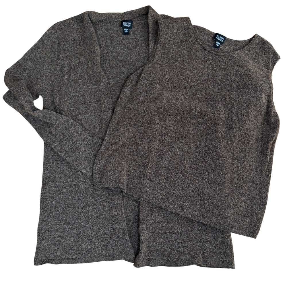 Eileen Fisher Brown Marled Knit Cardigan and Shell Twin Set Italian Yarn Large